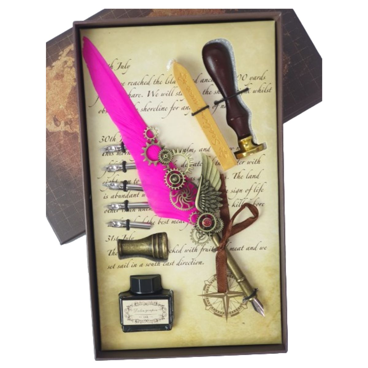 Kit Caneta Tinteiro Pena Engrenagem Rosa Com Carimbo Kit Caneta Tinteiro Pena Engrenagem Rosa Com Carimbo